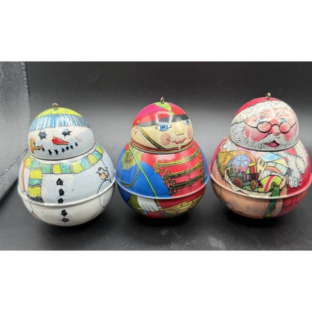 3 Hallmark 1991 Roly Poly Tin Christmas Tree Ornaments Santa Snowman Jolly -LO18